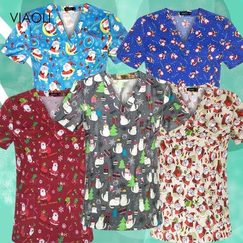 Womens Nursing scrubs Shirt Top Casual Short Sleeve scrub Work Nurse Uniform Multicolor Christmas Pattern V-neck Pocket Unisex