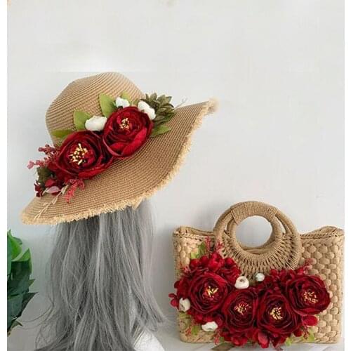 Hand-Woven Rattan HandBag for Women Flowers Larger Capacity Handmade Straw Tote Bags Luxury Ring Handle Beach Bag with Sun Hat