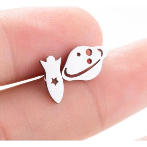 Simple Gold Black Silver Color Universe Planet Earth Rocket Asymmetric stud Earrings for Women Fashion Jewelry Girl Gift