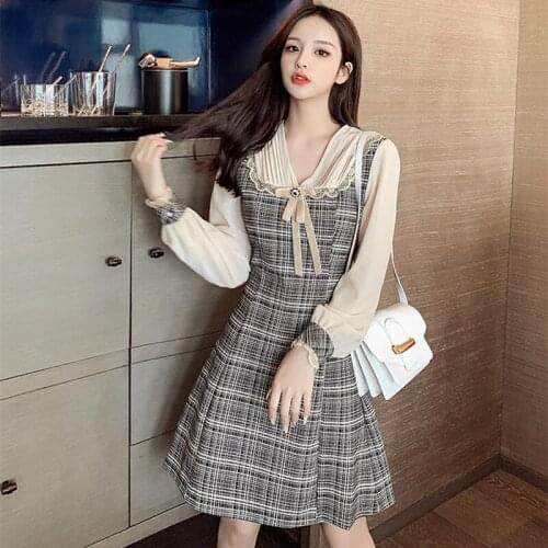 Chiffon Patchwork Plaid Dress Women Bowknot V-neck Long Sleeve A-line Vintage Slim Waist Elegant Dresses French Style Retro