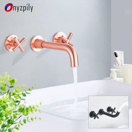 Onyzpily Rose Gold Basin Faucet Matte Black Concealed Wall Mounted Faucet Tap 360Rotation Dual Handles Hot Cold Water Bath Mixer