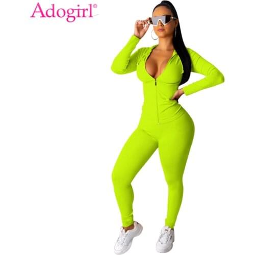 Adogirl Solid Women Tracksuit Two Piece Set Zipper Long Sleeve Hooded Sweatshirts Top Fitness Pants Casual Suit Sportswear