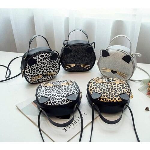 Cute Cat Crossbody Bags Leopard Leather Shoulder Purse Women Handbag Fashion Vintage Bucket Bag Casual Cellphone Pouch Bolsos
