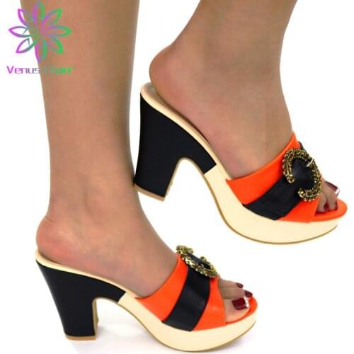 Orange Color Italian Design Shoes INS Hot Sale African Ladies Shoes with Crystal High Quality Shoes can Match Wedding Dress