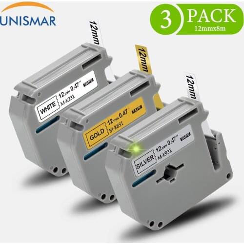 Unismar 3PCS MK-231 MK-831 MK-931 Black on White Gold Silver Replace for Brother Label Printer PT-45M PT-100 PT-110 PT-55 PT-65
