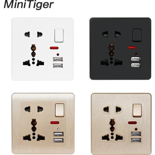 Minitiger 13A Universal 5 Hole Switched Outlet 2.1A White/Black/Gold Wall Power Socket Dual USB Charger Port LED indicator