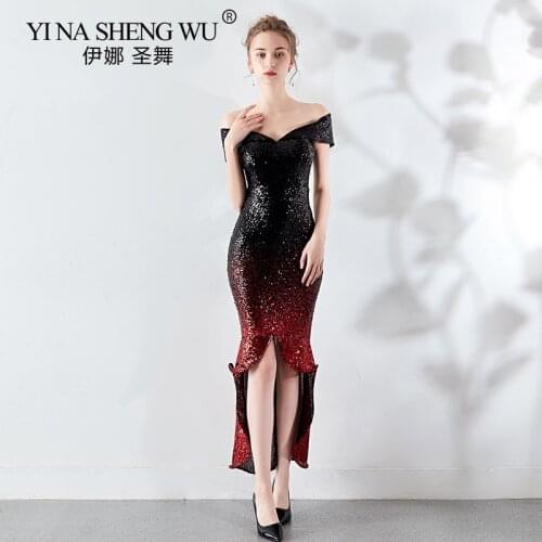 Evening Gown Sequin Front Short Rear Length Sexy Dress Boat Neck Formal Prom Gown Vestidos De Fiesta De Noche Largos Elegantes