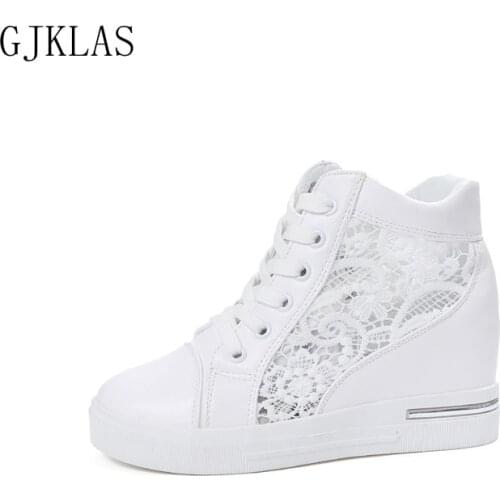 Wedge High Heel Women Shoes High Top Sneakers Platform Women Shoes Casual Lace Sport Femme Silver White Shoes Woman Sneakers