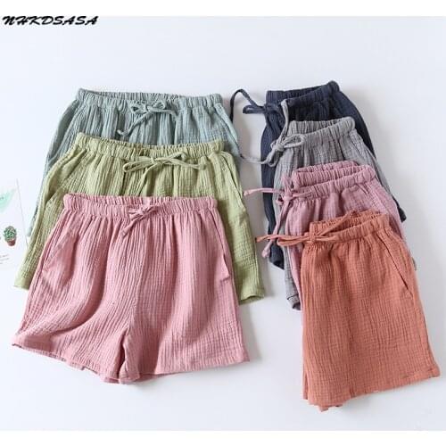 Womens Pajama Shorts 100% Cotton Double-Layer Gauze Sleep Bottoms Beach Shorts Plus Size Thin Lounge Loose Casual Home Pants