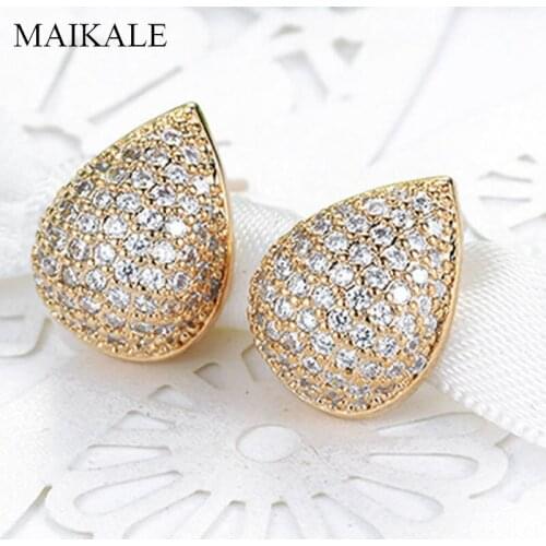 MAIKALE Luxury Water Drop Zirconia Stud Earrings for Women Gold Copper Plated CZ Wedding Party Korean Earrings Jewelry Gifts
