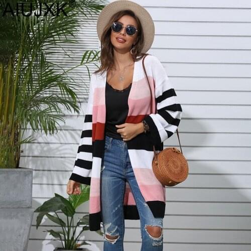 AIUJXK New 2020 Autumn Winter Kimono Cardigans Women Fashion Knitted Long Sweaters Color Block Striped Clothes Dropshipping
