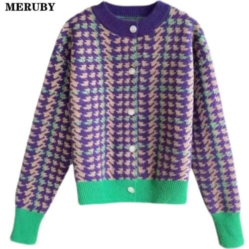 Houndstooth Knitted Cardigan Sweater Women Autumn Full Sleeve Single Breasted Jumpers Vintage Loose Female Tops Femme 2021
