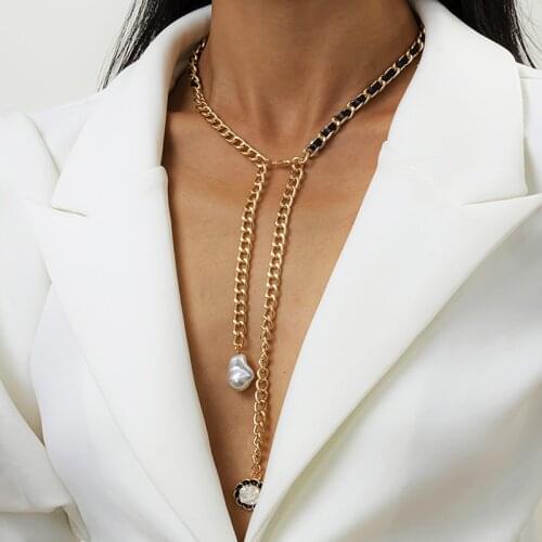 Gold Color Black Goth Choker leather Pearl Necklaces Women Fashion Long Tie Black Tassel Choker Necklaces Neck boho Jewelry