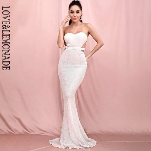 LOVE&LEMONADE Sexy Reflective White Tube Top Cut Out Backless Bodycon Elastic Sequins Dinner Maxi Dress LM81335-1
