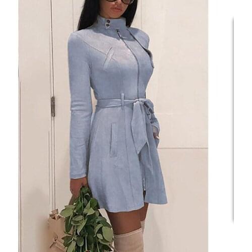 New Fashion Office Lady Autumn Winter Dress Solid Stand Collar Long Sleeve Women Dress Plus Size Casual Vestidos With Belt
