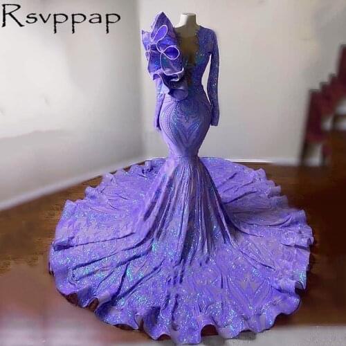 Long Sleeves Mermaid Prom Dresses 2021 Sexy Sparkly Sequin Ruffles Side African Black Girl Party Prom Dress
