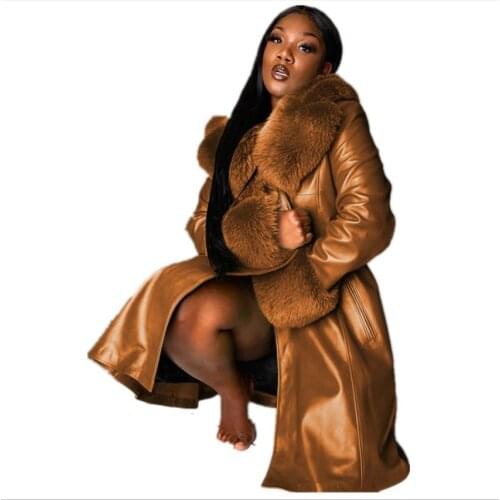 2020 Winter Women Keep Warm PU Patchwork Midi Coats Plus Size Fashion Fur Collar Long Sleeve OL Style Solid Zipper Overcoats