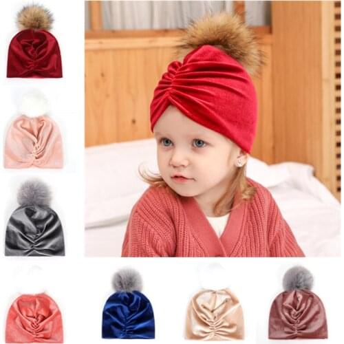 5pcs/lot Soft Winter Newborn Boys Girls Faux Fur pompom Hats Beanies Caps 2020 Kids Children Velvet Warmer Headwear