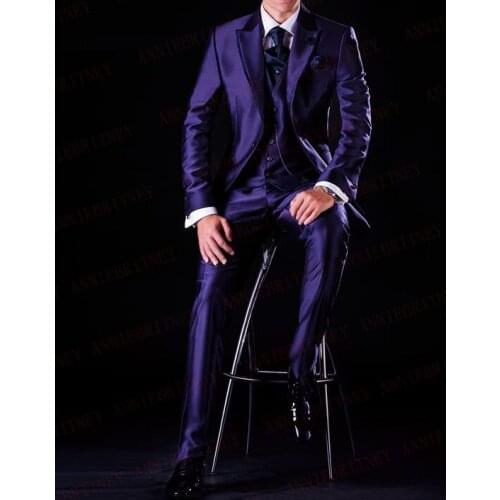ANNIEBRITNEY Fashion Purple Satin Men Suit Set Prom Dinner Party Wedding Tuxedo Slim Fit Groom Suits Custom Formal Blazer Pants