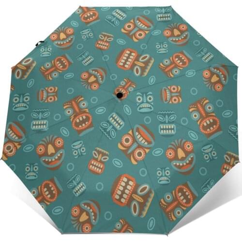 Automatic Umbrella Smiley Tiki Masks three-fold umbrella women men rain umbrella