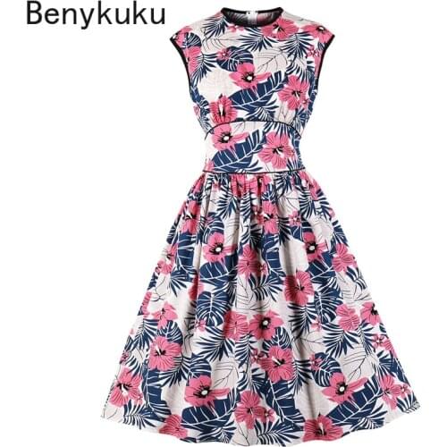 Floral Print Vintage Pin Up Dresses Girls 50s Retro Hepburn Clothes Women Elegant O-Neck Sleeveless Pleated Swing Cotton Dress