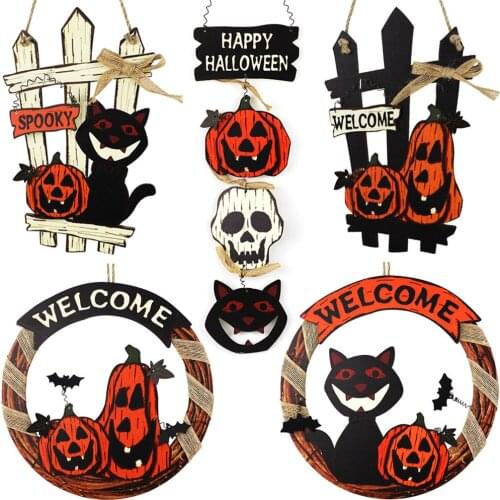 Halloween Ghost Welcome Card Garland Door Hanging Wooden Pumpkin Black Cat Cemetery Castle Ghost Dress Up Supplies