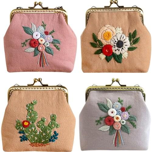 Cotton DIY Cactus Flower Embroidered Lady Clutch Shoulder Messenger Bags Handmade Craft Women Gift Snap Coin Purse Chain Bags