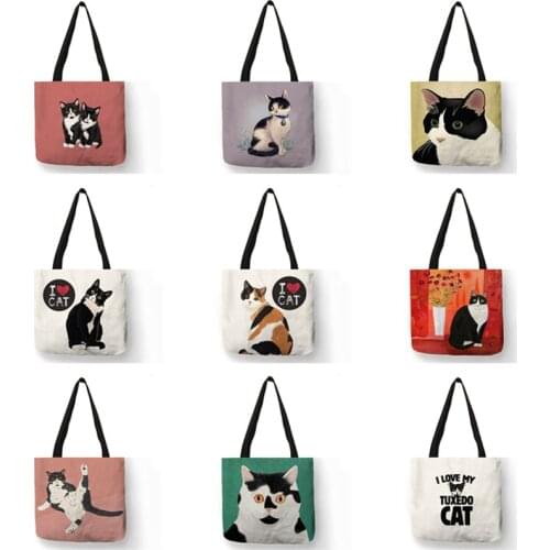 Customized I Love Cat Print Tote Bag Handbag Reusable Supermarket Shopping Bag for Groceries Ladies Shoulder Bags Outdoor Beach