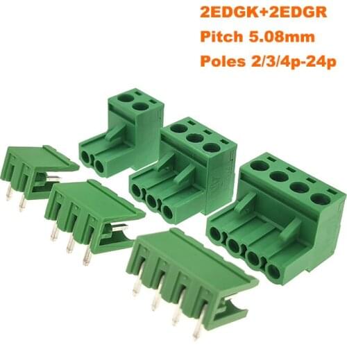 30/50Sets Pitch 5.08mm 2/3/4P Screw Plug-in PCB Terminal Block 2EDGK 2EDGR Open Right Angle Pin Male/Female Pluggable Connector