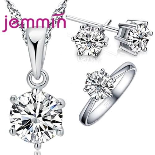 New Classic Style CZ Crystal Wedding Jewelry Set Gem Jewelry Set 925 Sterling Silver Six Claws Pendant Necklace Earrings Ring