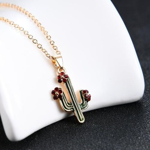 Cute Green Enamel Cactus Pendant Necklace Fashion Jewelry Gold Color Collier Red Crystal wedding Necklaces For Women Girls Gifts