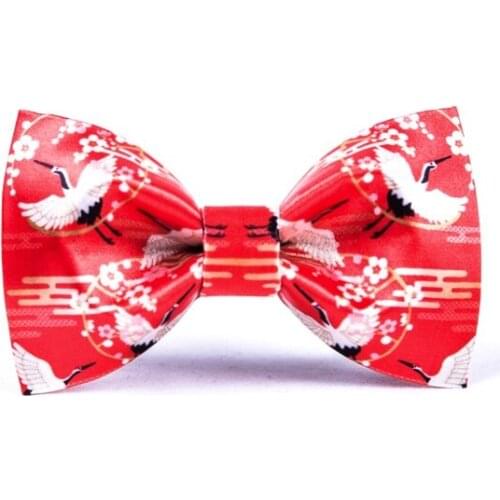 Fashion Big Red Fairy Crane Chinese Style Print Bow tie For Men Great Great For Party Groom Wedding Ties