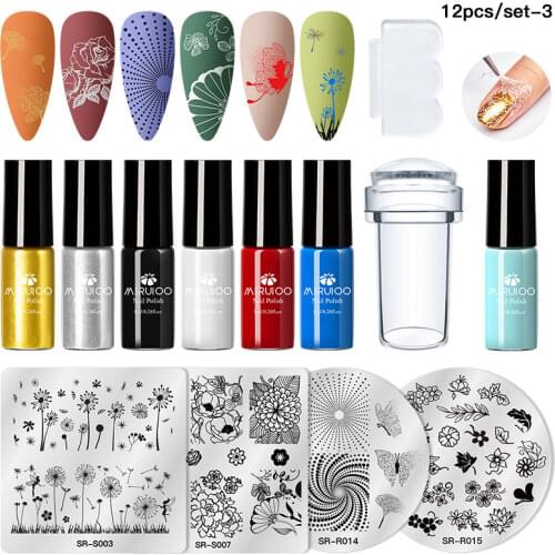 Nail Stamping Polish Set Flower Stripe Design Stamp Plates Kit Black White Gold Silver Printing Varnish Snake Pattern Stencil