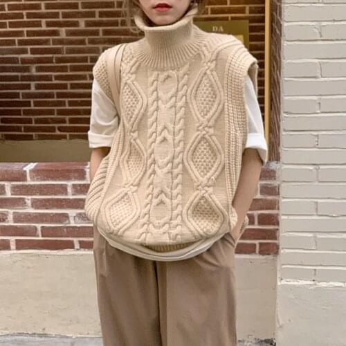 2021 New Women Spring Autumn Turtleneck Twist Sleeveless Short Tank Sweater Jacket Beige Knitted Pullover Waistcoat Vest