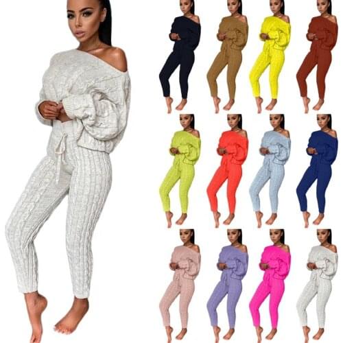 2020 Fall Knitted Slim Fashion Long Sleeve Women Casual Solid Color Pullover Two Piece Sweater Set women