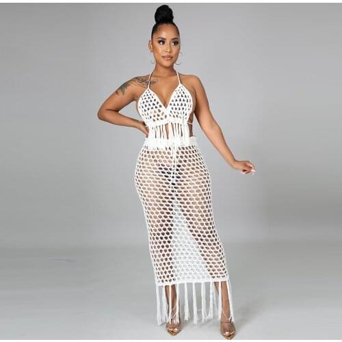 Tassels Crochet Beach Wear 2 Piece Matching Sets Hollow Out Halter Backless Crop Top and See Through Maxi Skirts Female Outfit