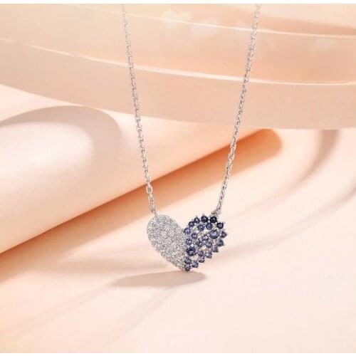 Simple Female collares 925 Sterling Silver Dazzling AAA Zircon Double Color Heart-shaped Pendant Necklace for Women Chain choker