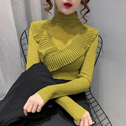 Ruffles Lace Patchwork Pullovers Slim Female Long Sleeve Jumpers O Neck Lantern Sleeve Sweater Women Vintage Fashion Knitwear