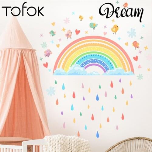 Tofok Rainbow Meteor Shower Love Birds Wall Stickers in English Kids Room Living Room Wall Decals Baby Room Murals Decoration