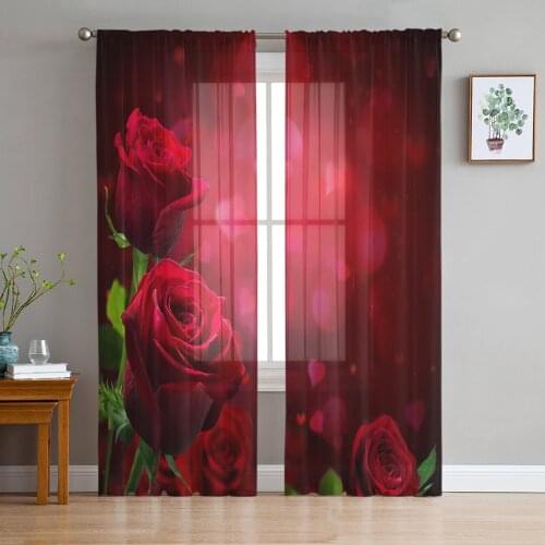 Red Rose Flower Romantic Tulle Window Curtain for Living Room Modern Sheer Curtain for Bedroom Kitchen Drapes Custom