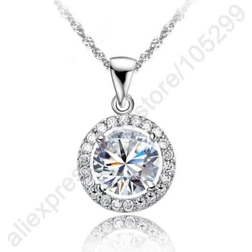 Luxury 925 Sterling Silver Fashion Wedding Engagement Jewelry Top Quality Shiny Round CZ Zircon Crystal Pendant Necklace