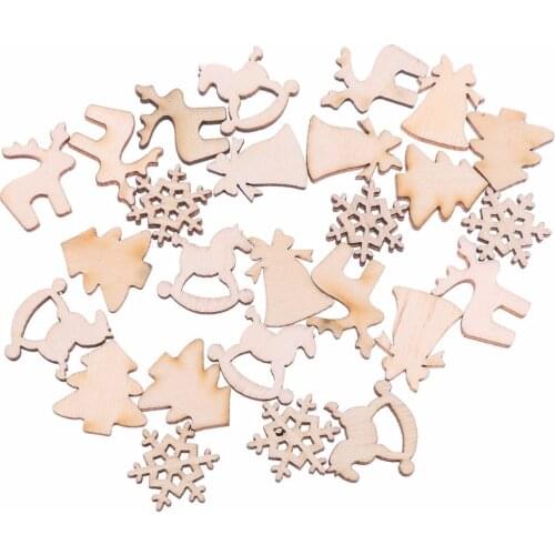 30pcs/lot 5 Designs 20mm Natural Wood Christmas Ornaments Reindeer Tree Snow Flakes Rocking Horse