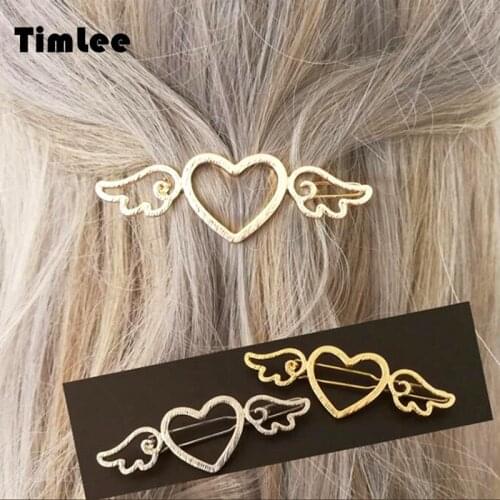 Timlee H135 Free shipping Sweet Fashion Heart Wing Hair pins Hollow Metal Hair Accessary Gift,wholesale