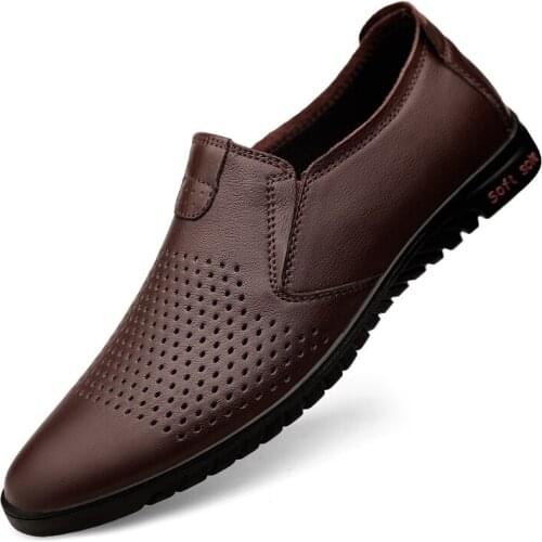 Genuine Leather Mens Casual Shoes Business Work Office Mens Leather Shoes Summer Breathable Punching Mens Slip-on Shoes
