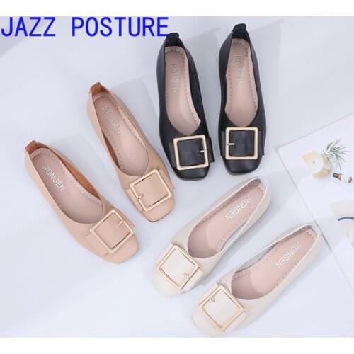 Fashion womens shoes flat soft-soled driving maternity shoes beige womens spring and autumn square toe buckle work shoes w202