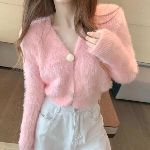 Knit Cardigan Solid V Neck Elegant Autumn Short Cardigans Sweaters Women Korean Vintage Winter Female Warm Pink White Crop Top