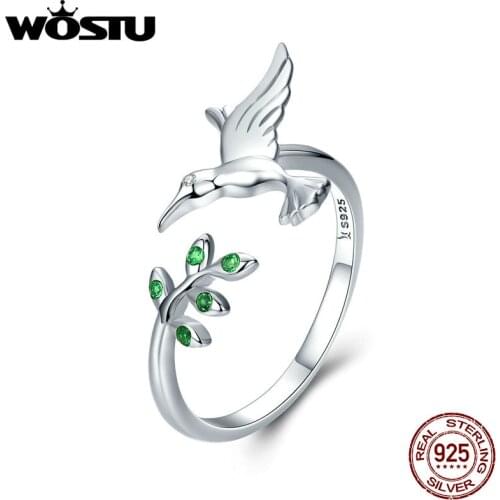 WOSTU 925 Sterling Silver Bird Hummingbirds Greeting Adjustable Finger Female Rings for Women Christmas Gift Mode Bijoux BKR323