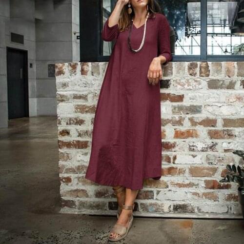 Womens latest V-neck three-quarter sleeves solid color cotton and linen series casual loose comfortable long skirt