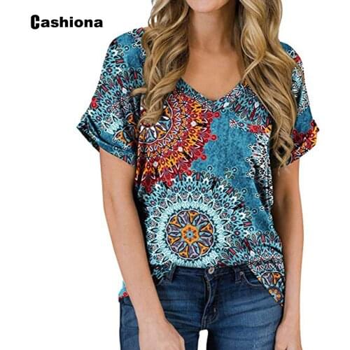 Plus Size 3xl Womens Top Vintage Flower Print T-Shirt Latest 2021 Summer V-neck Tees Ladies Casual Shirt Bohemian Femme Clothes