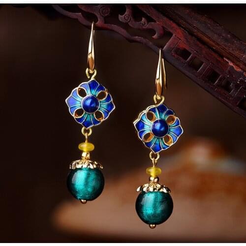 New Cloisonne vintage flower earrings for women,green colored glaze Ethnic earrings jewelry,fashion yellow dangle earrings